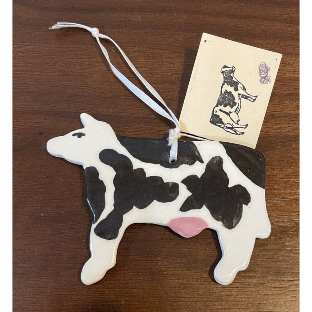 Jersey‎ Cow Christmas Tree Holiday Ornament Ceramic Hand Dug Native Clay Vintage